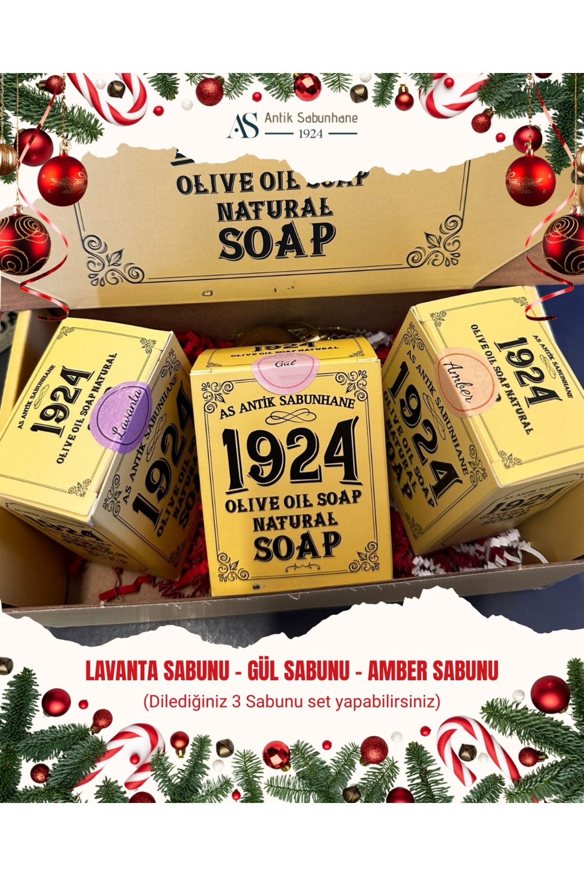 3'lü Doğal Sabun Seti – Lavanta, Gül, Amber